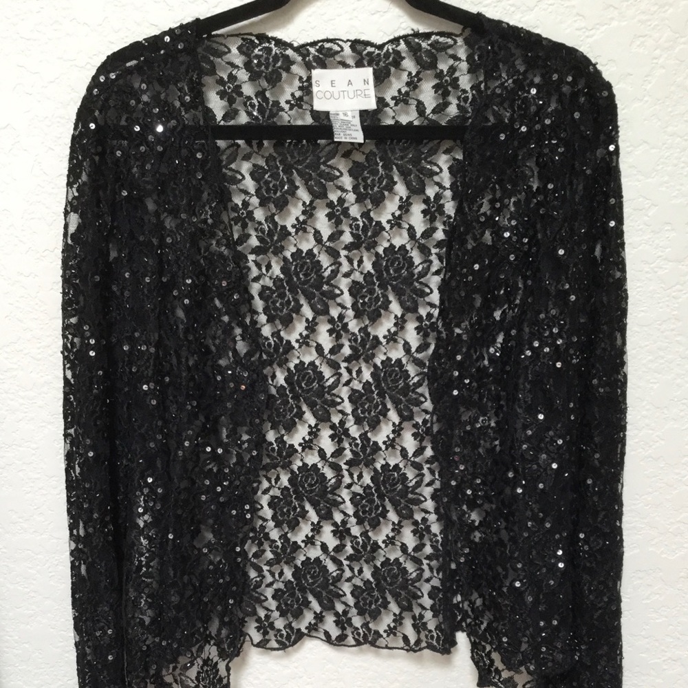 Sean Couture Sequined Black Lace Cardi